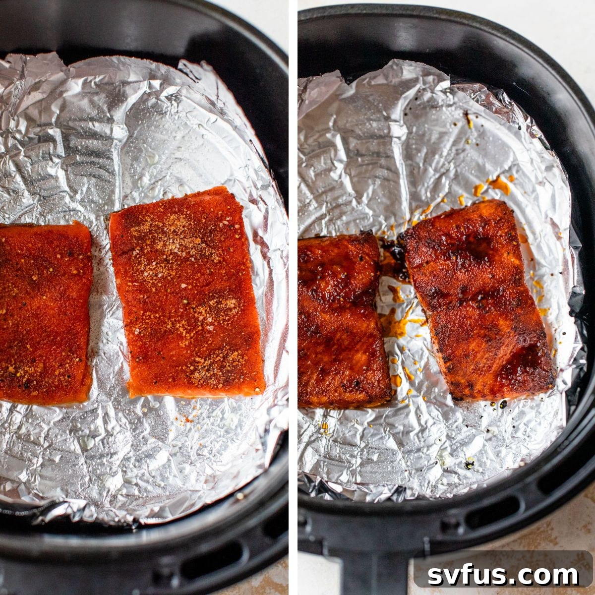 Two images side-by-side: The left shows seasoned raw salmon fillets being carefully placed into an air fryer basket lined with foil. The right image shows a cooked salmon fillet inside the air fryer, illustrating even cooking.