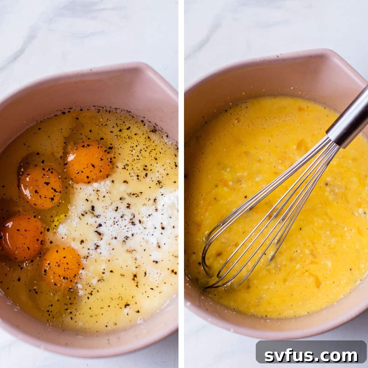 A two-part image: the left shows fresh eggs, creamy cottage cheese, and seasonings in a mixing bowl before combining; the right shows the same ingredients expertly whisked together into a smooth, uniform mixture, ready for the skillet.
