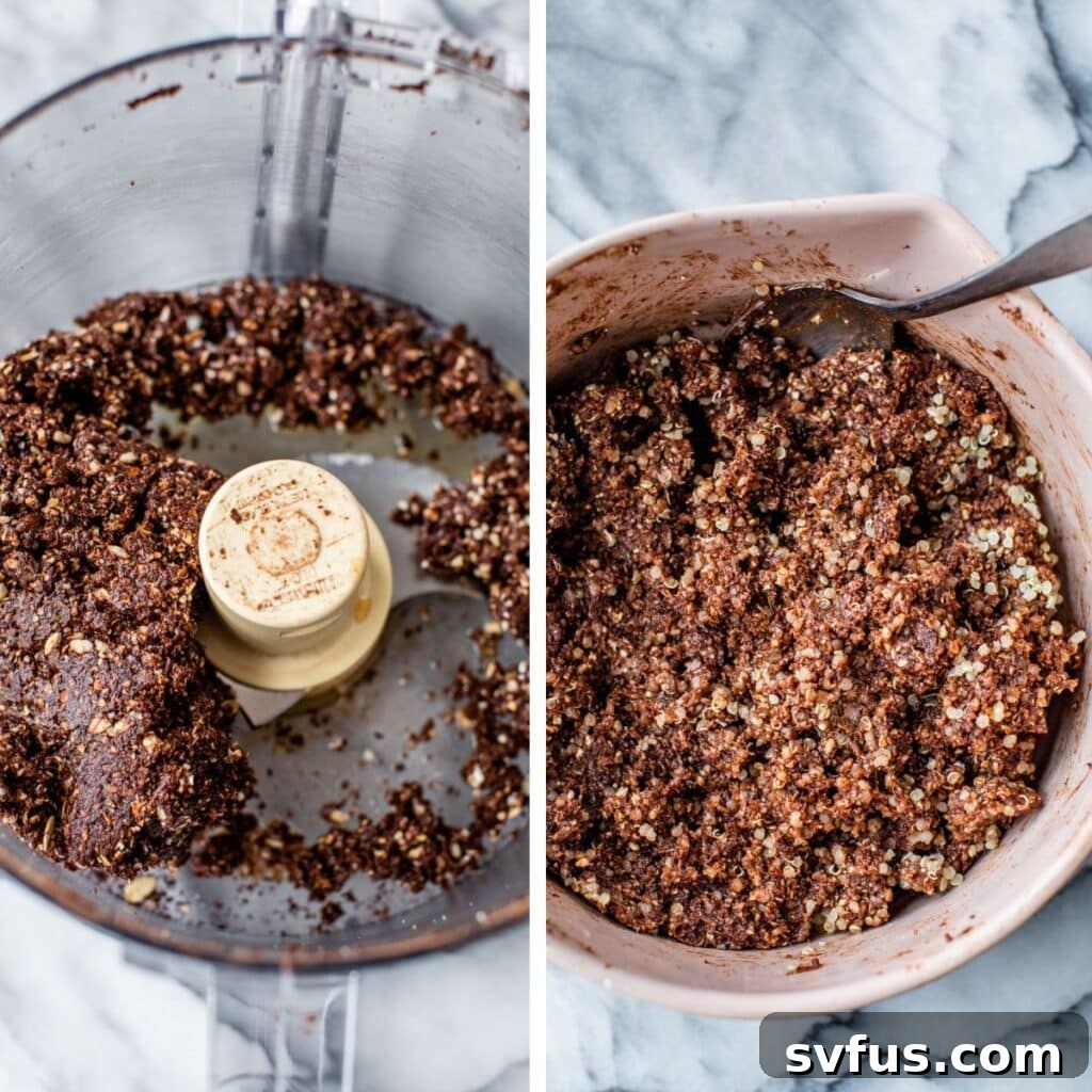 A two-part image showing the progression of making quinoa bars: on the left, the mixed chocolate base in a food processor; on the right, the base mixed with cooked quinoa in a large mixing bowl.