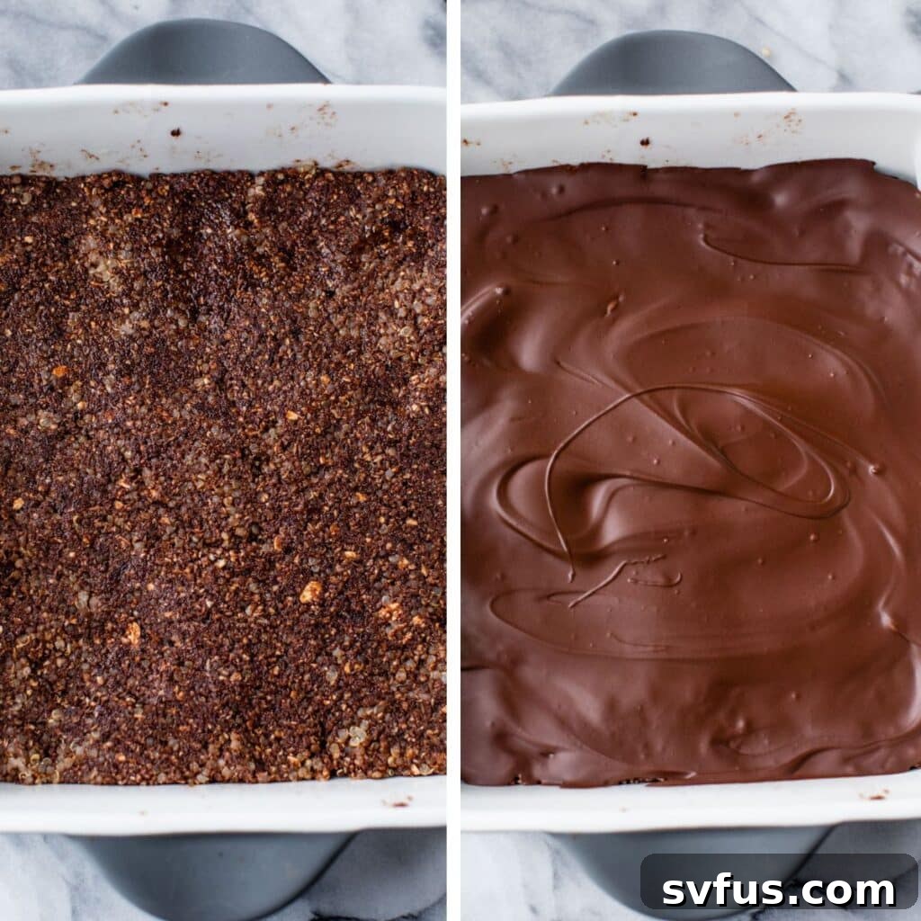 A two-part image showing the chocolate topping process: on the left, the pressed quinoa bar mixture in a square baking pan; on the right, the melted chocolate being poured and spread over the base.