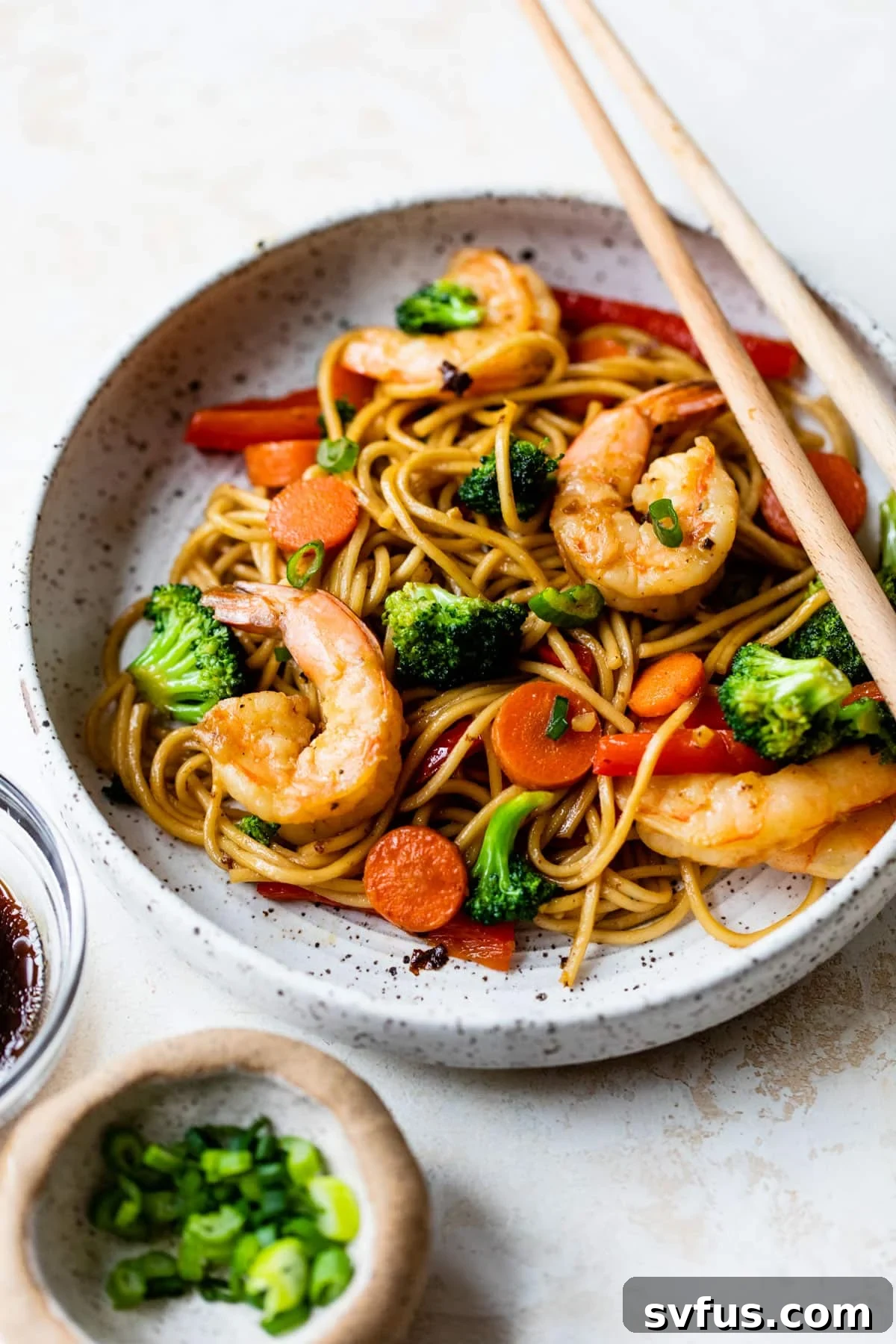 A steaming bowl of homemade Shrimp Lo Mein with chopsticks, ready to be enjoyed.