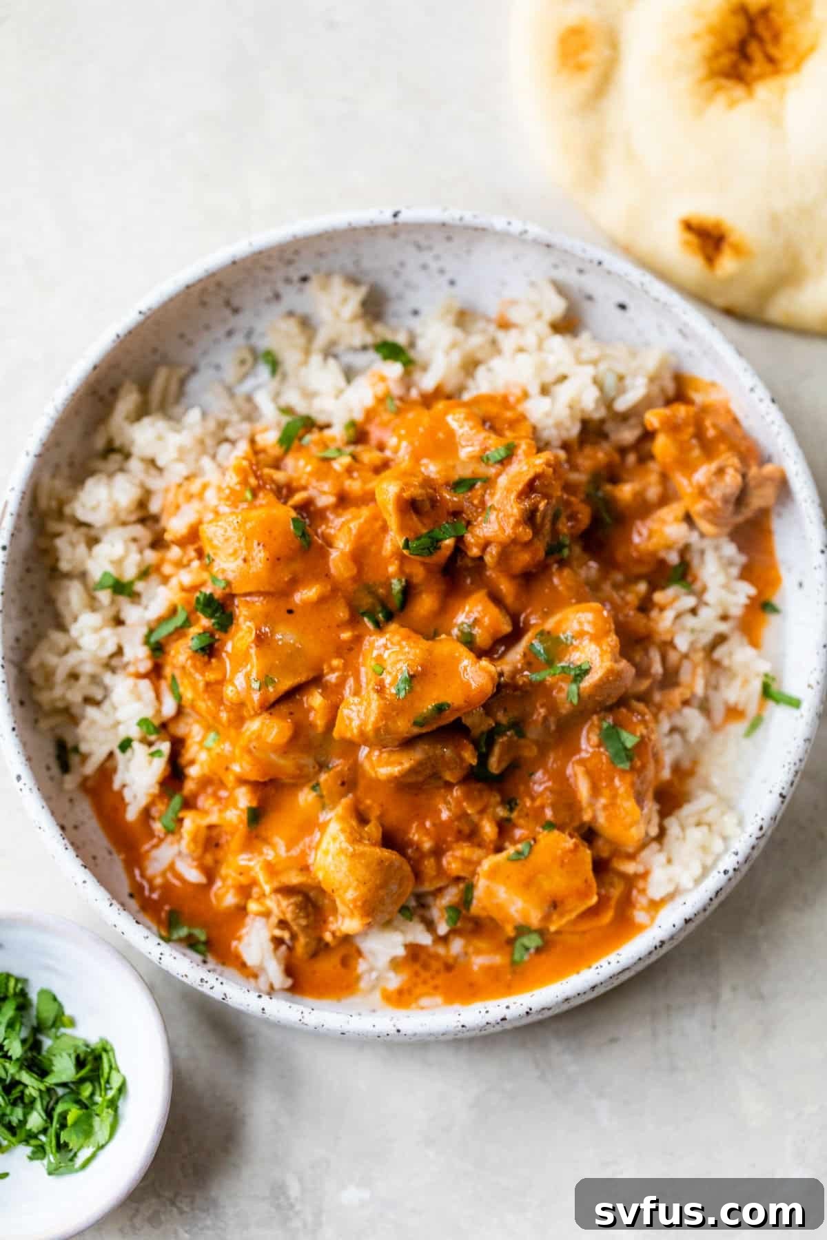 A vibrant bowl of Instant Pot Butter Chicken served over fluffy rice, garnished with fresh cilantro.