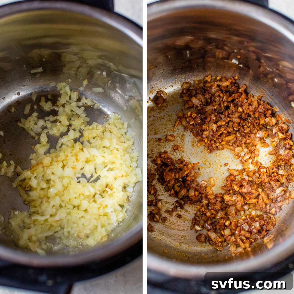Two images side-by-side: The left shows diced onions sautéing in melted butter in an Instant Pot. The right shows the same onions with ginger, garlic, and Indian spices being cooked until fragrant.