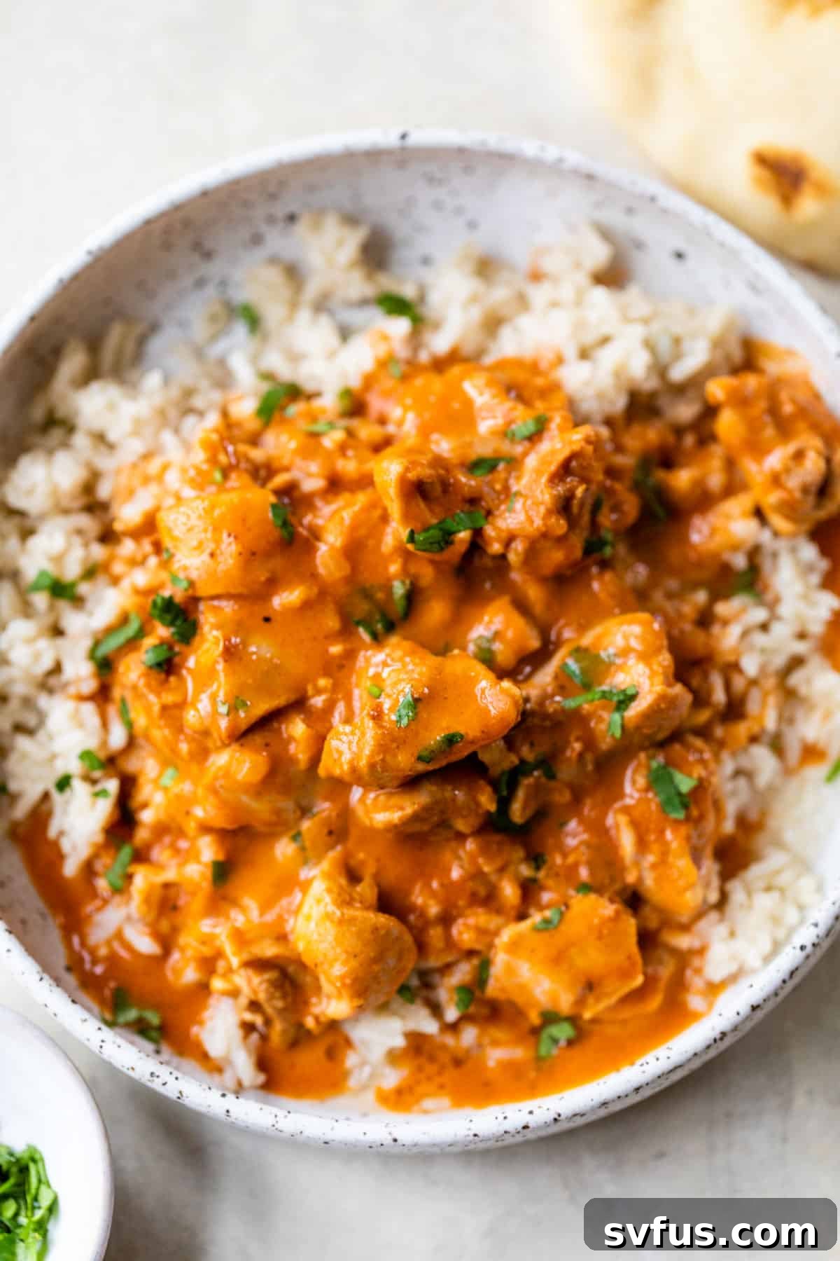 A beautifully plated bowl of Instant Pot Butter Chicken over rice, ready to be enjoyed.