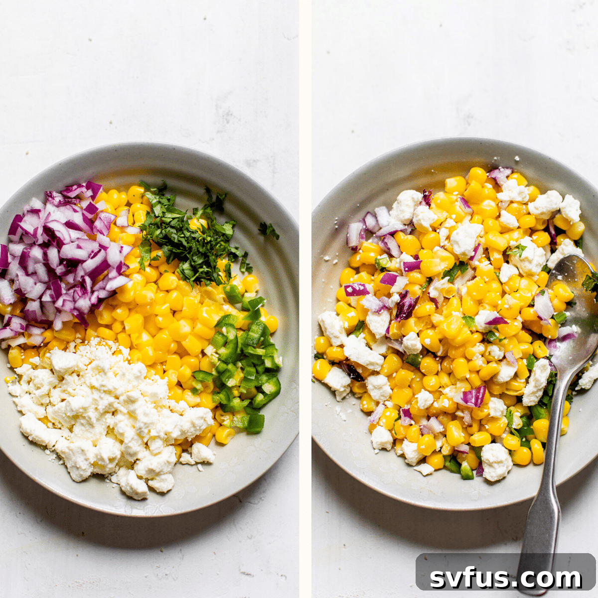 A vibrant corn salsa prepared in a bowl, featuring yellow corn kernels, white feta cheese, green jalapeño and cilantro, and red onion, all mixed together.