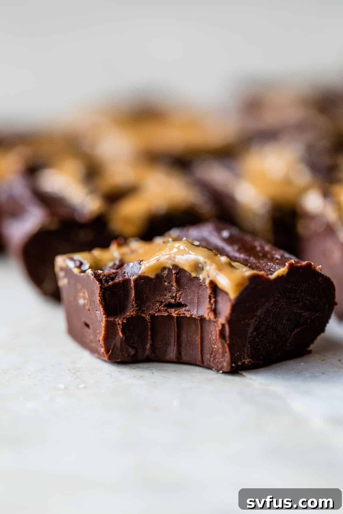 A piece of homemade chocolate peanut butter fudge with a bite taken out of it, showcasing the rich chocolate and creamy peanut butter swirl.