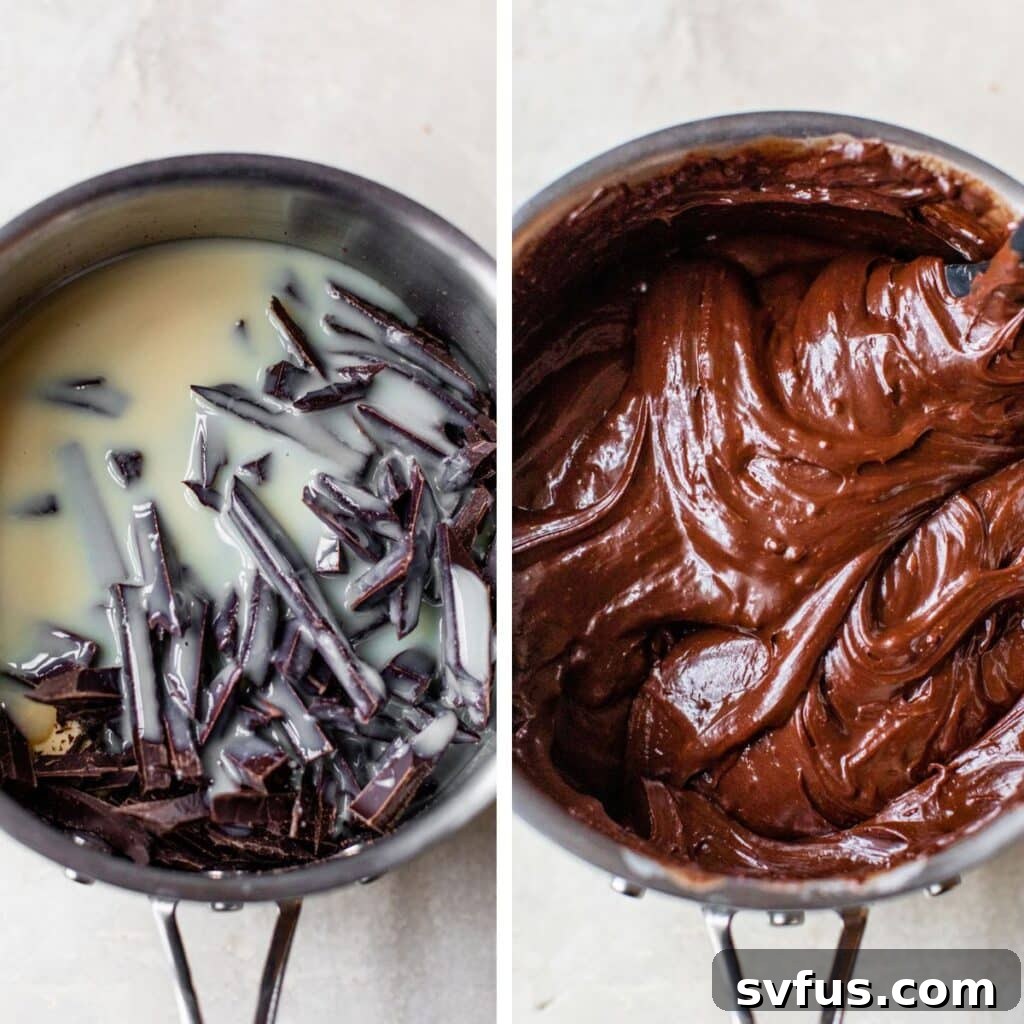 Two side-by-side images show the progression of melting fudge ingredients: on the left, milk and chopped chocolate in a saucepan; on the right, the mixture is fully melted and smooth.