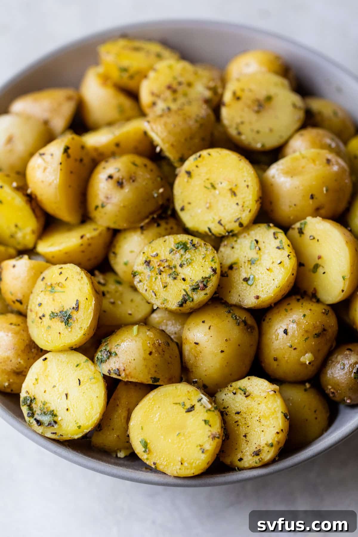A close-up shot of Instant Pot potatoes in a rustic bowl, perfectly seasoned and ready to be served, highlighting their inviting texture.