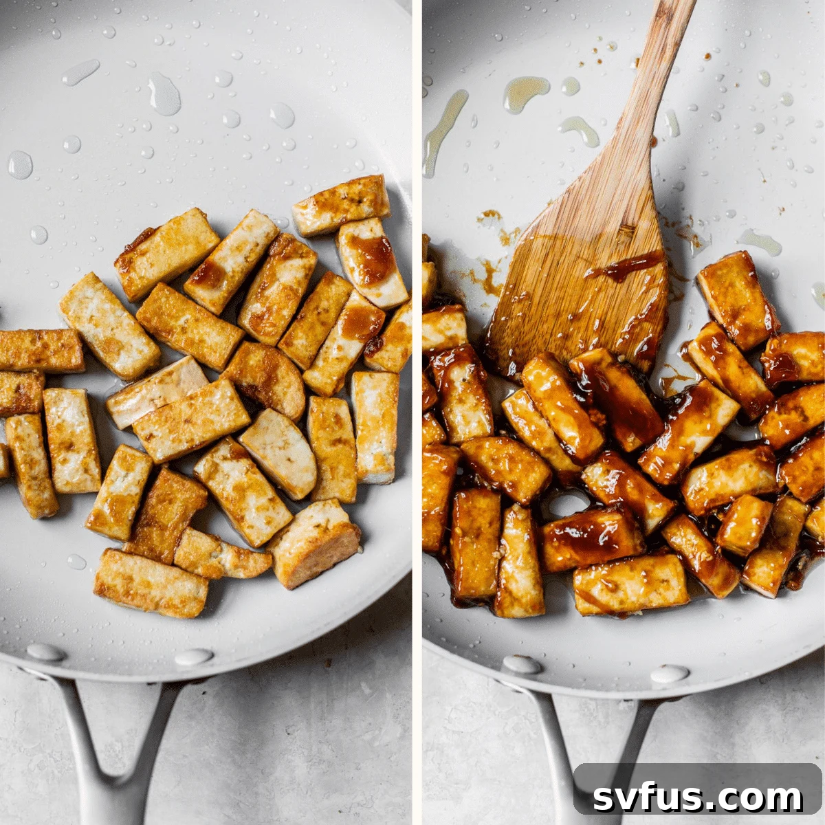 Fried tofu in a skillet