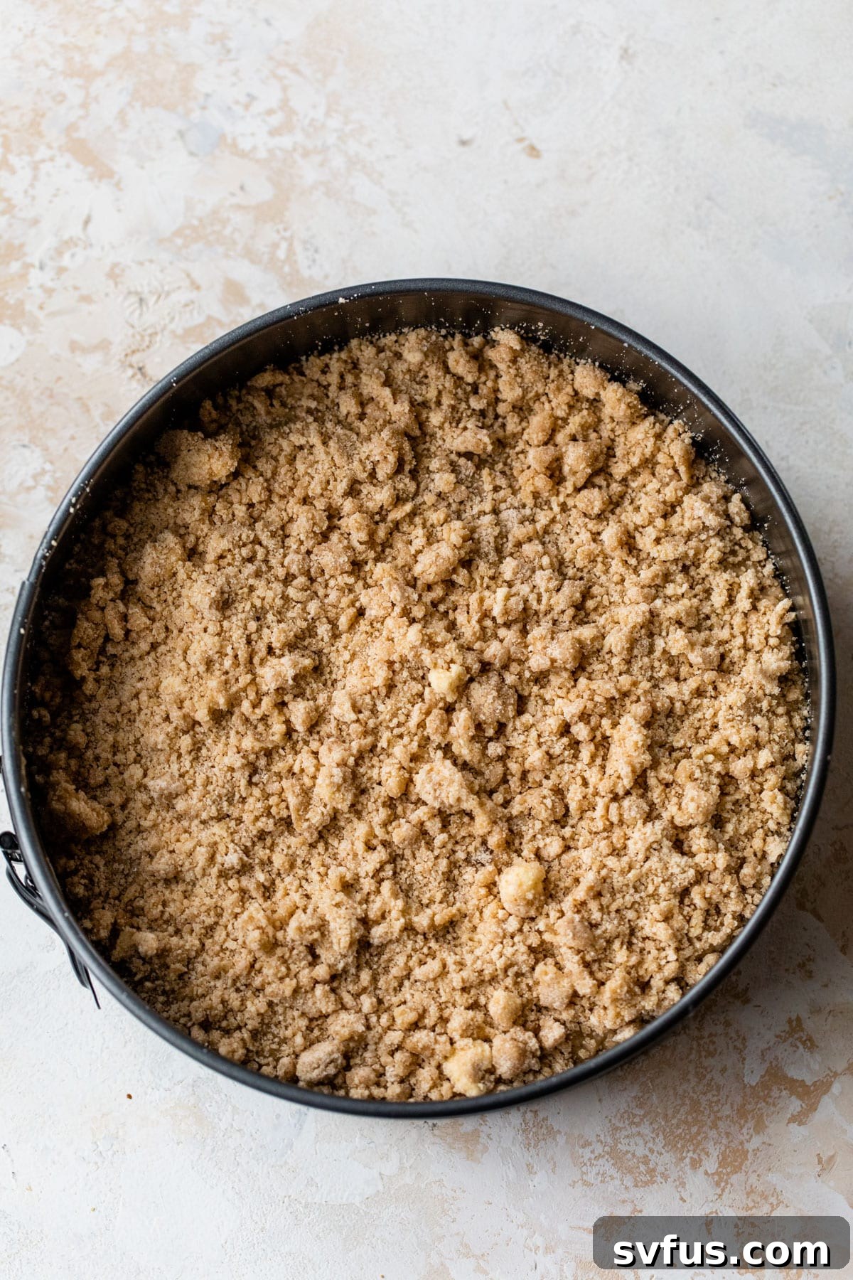 vegan coffee cake batter with crumb topping inside of a springform pan