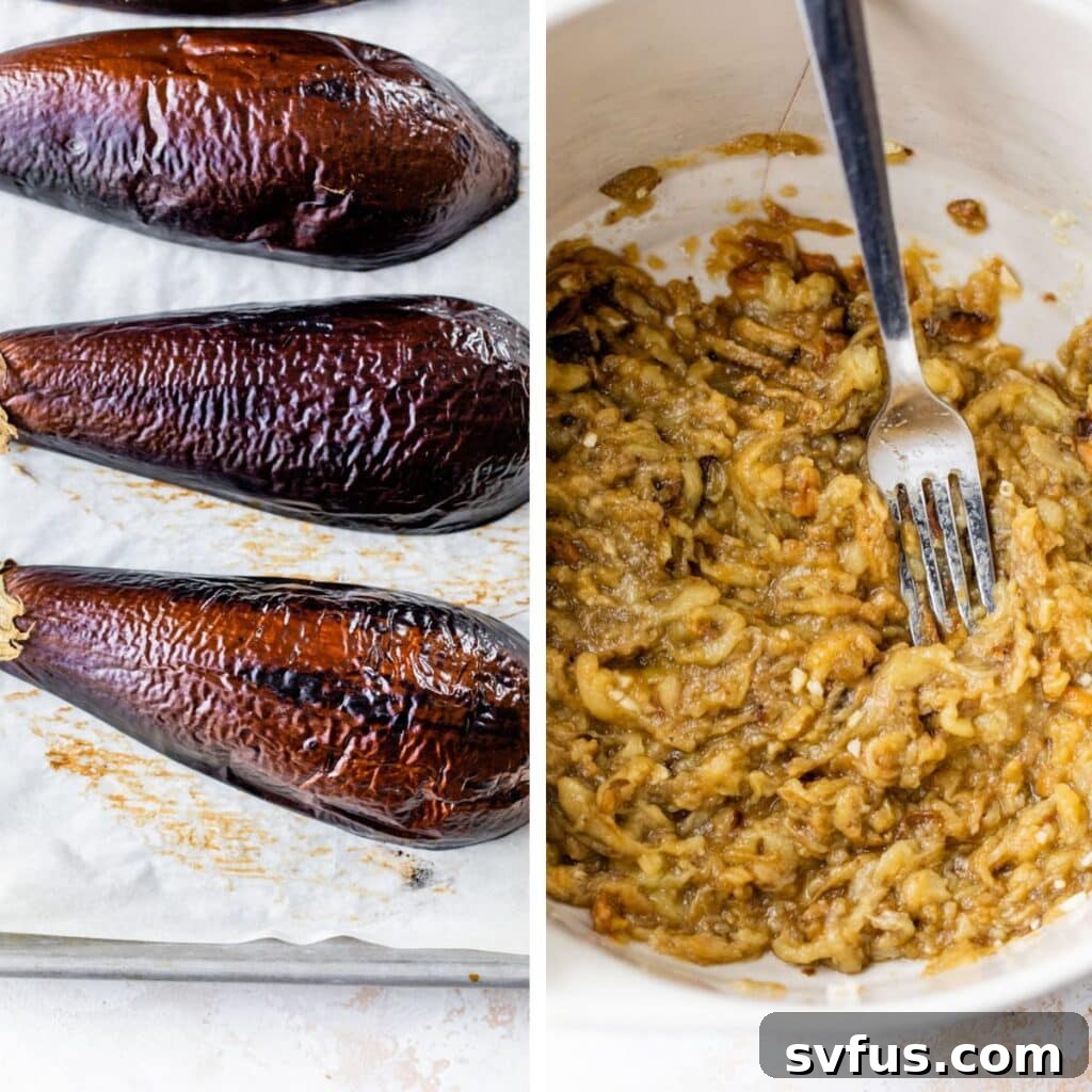 Two side-by-side images: on the left, roasted eggplant halves on a baking sheet; on the right, mashed eggplant flesh in a bowl ready for further ingredients.