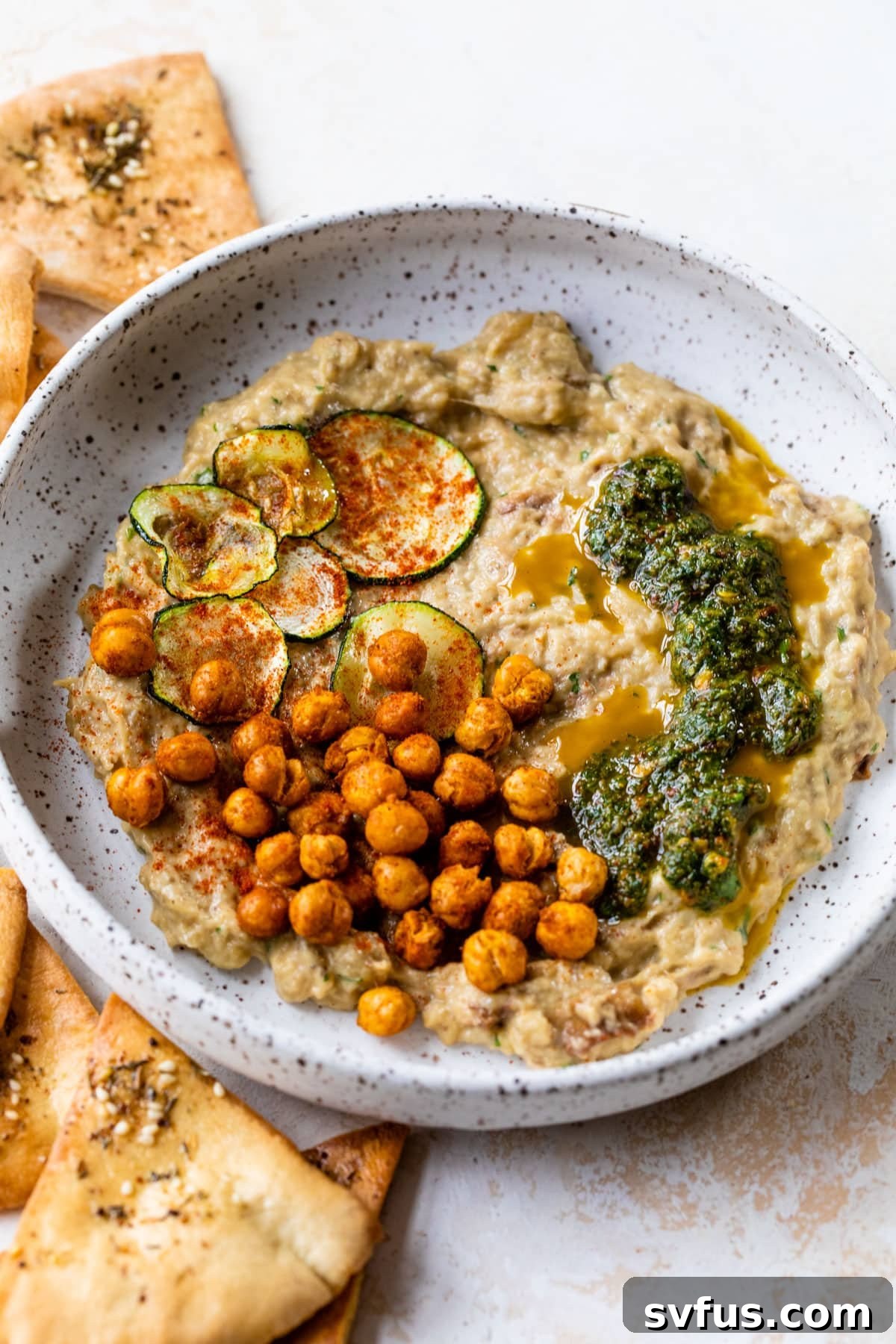 A rustic bowl of tan-colored baba ganoush, artfully garnished with golden roasted chickpeas and delicate zucchini slices, surrounded by a generous scattering of crispy pita chips, ready to be enjoyed.