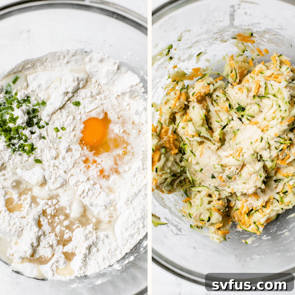 A bowl filled with freshly mixed savory zucchini bread batter, flecked with green chives and visible shredded zucchini, ready for the baking pan