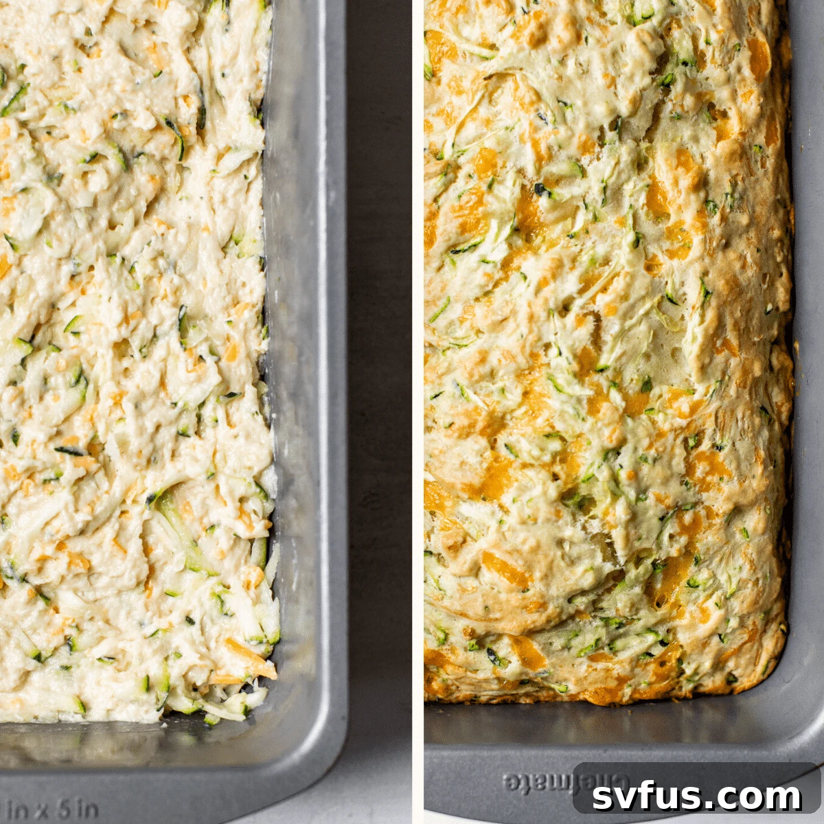 A golden-brown loaf of savory zucchini bread baking perfectly in a metal loaf pan, just pulled from the oven