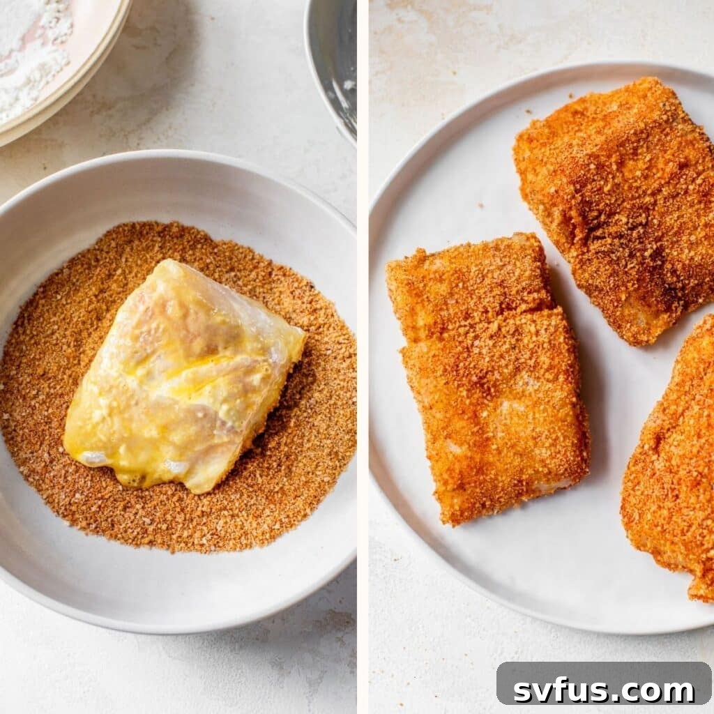cod fillet being dipped in seasoned breadcrumbs for breading