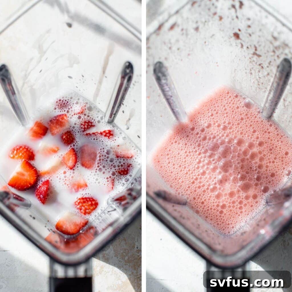 Two images side-by-side: on the left, fresh strawberries and milk are in a blender; on the right, the ingredients have been blended into a smooth, pink strawberry milk.