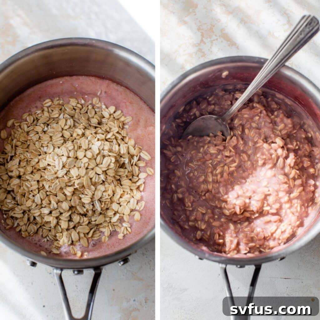 Two images side-by-side: on the left, strawberry milk with rolled oats added to a saucepan; on the right, the oats are stirred into the milk, cooking to a creamy consistency.