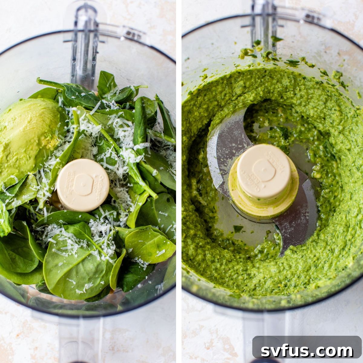 Two images side by side: the left image shows all the avocado pesto ingredients added to a food processor bowl, and the right image shows the ingredients blended into a smooth, vibrant green pesto sauce.