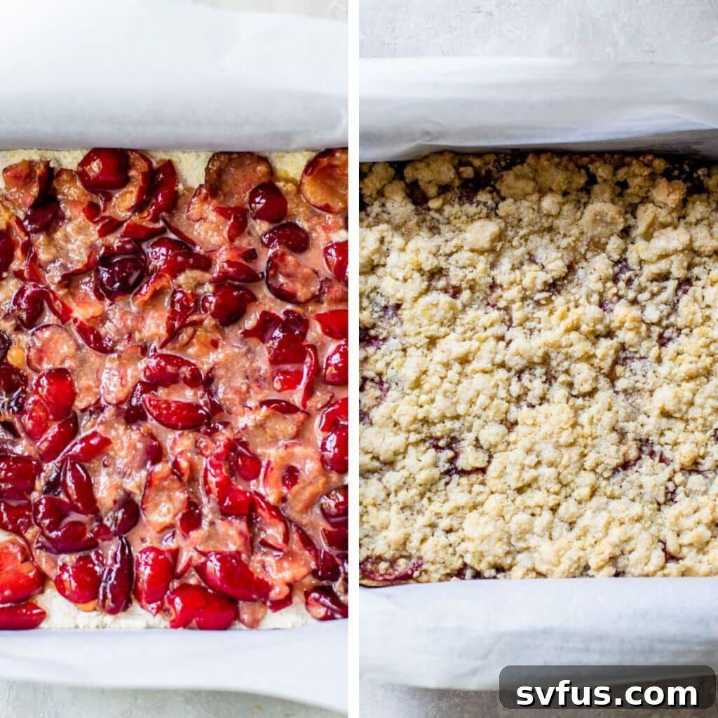 A two-part image showing the assembly process: on the left, mashed cherries are spread over the crust; on the right, the crumb topping is sprinkled over the cherries before baking.