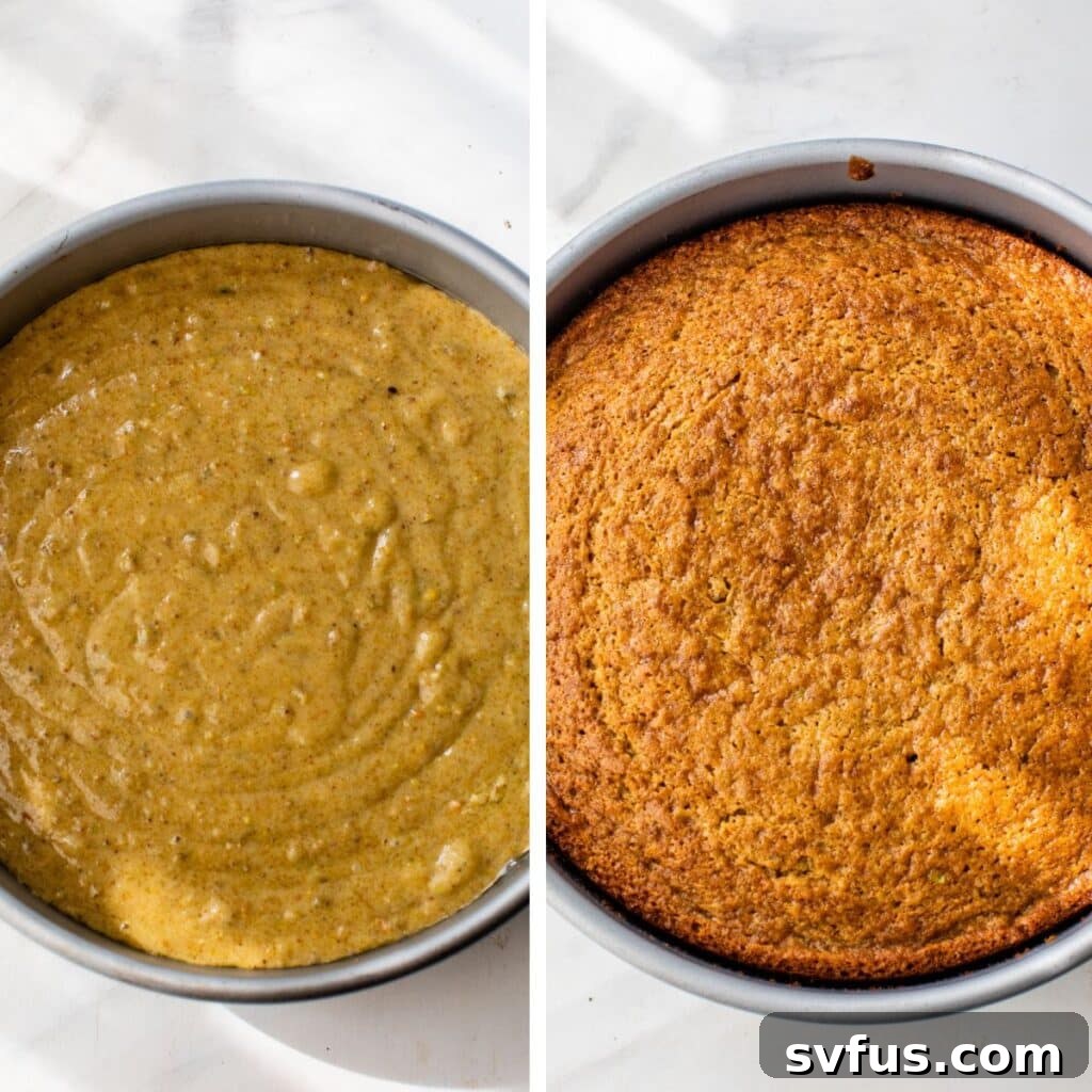 A two-panel image showing vibrant green pistachio cake batter in a round pan on the left, and a beautifully baked, golden-brown pistachio cake still in its pan on the right, cooling after baking.