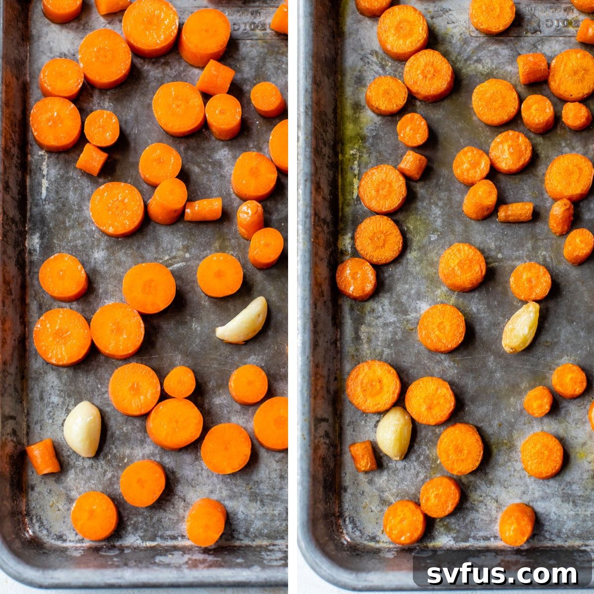Two images side by side: the left shows sliced carrots on a baking sheet before roasting, the right shows the carrots golden and tender after roasting.
