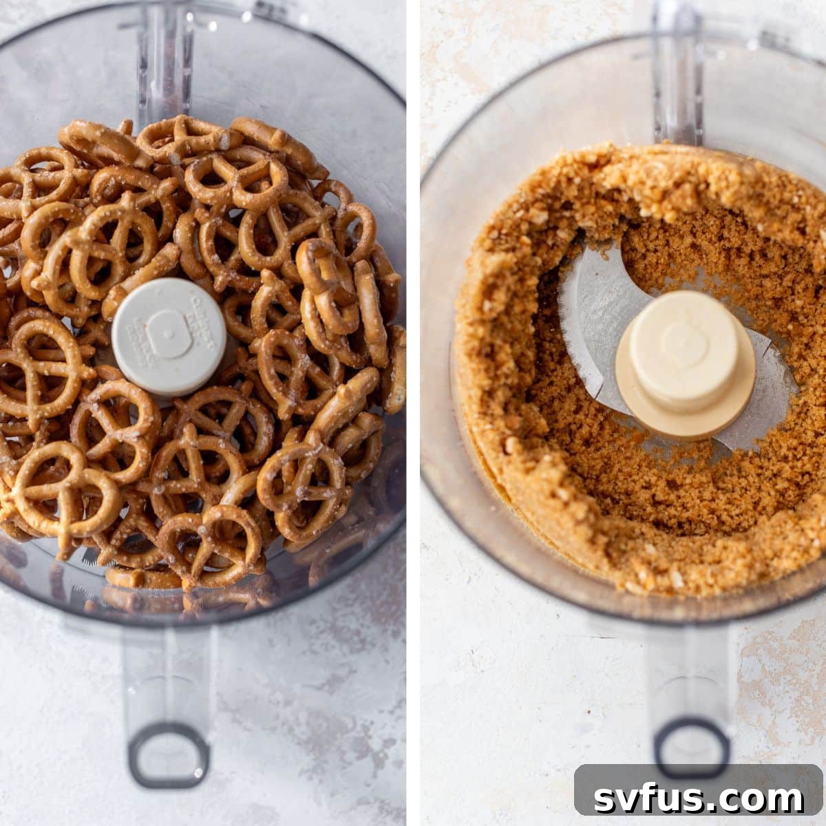 Two images side by side: the first shows pretzels being added to a food processor, and the second shows the crushed pretzel mixture after blending with sugar and butter.