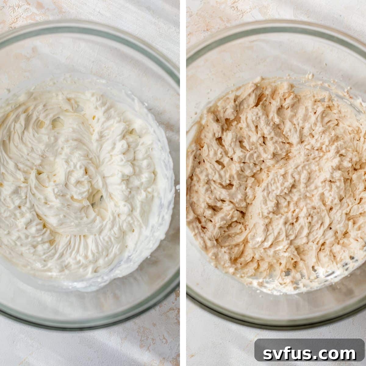 Two images: the first shows heavy cream and sugar being whipped in a bowl, and the second shows cottage cheese being folded into the whipped mixture with a spatula.