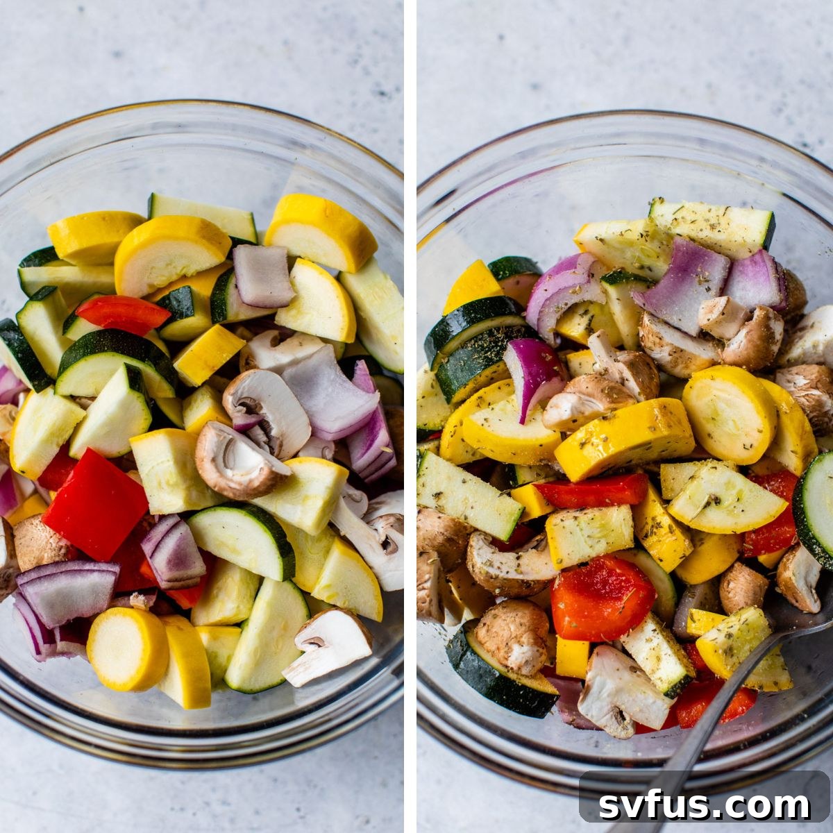 Two images side by side: the left shows raw, chopped vegetables in a glass bowl, and the right shows the same vegetables coated evenly in seasonings and oil.