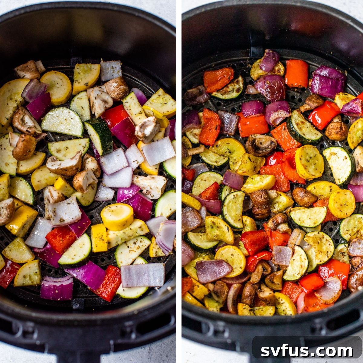 Two images: the left shows chopped vegetables neatly arranged in an air fryer basket before cooking, and the right shows the same vegetables perfectly roasted and golden inside the air fryer.