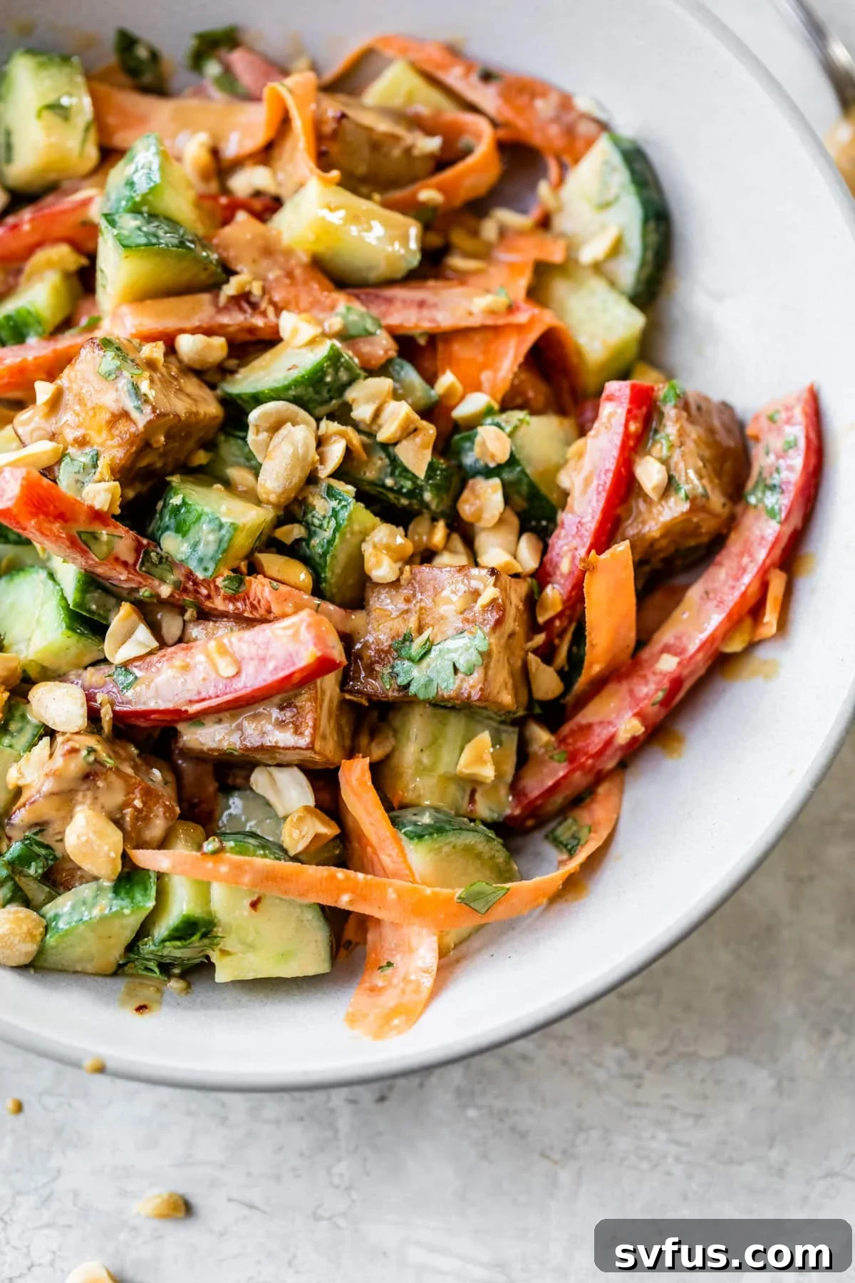 A close-up of a bowl filled with colorful peanut tofu salad, garnished with chopped peanuts and cilantro.