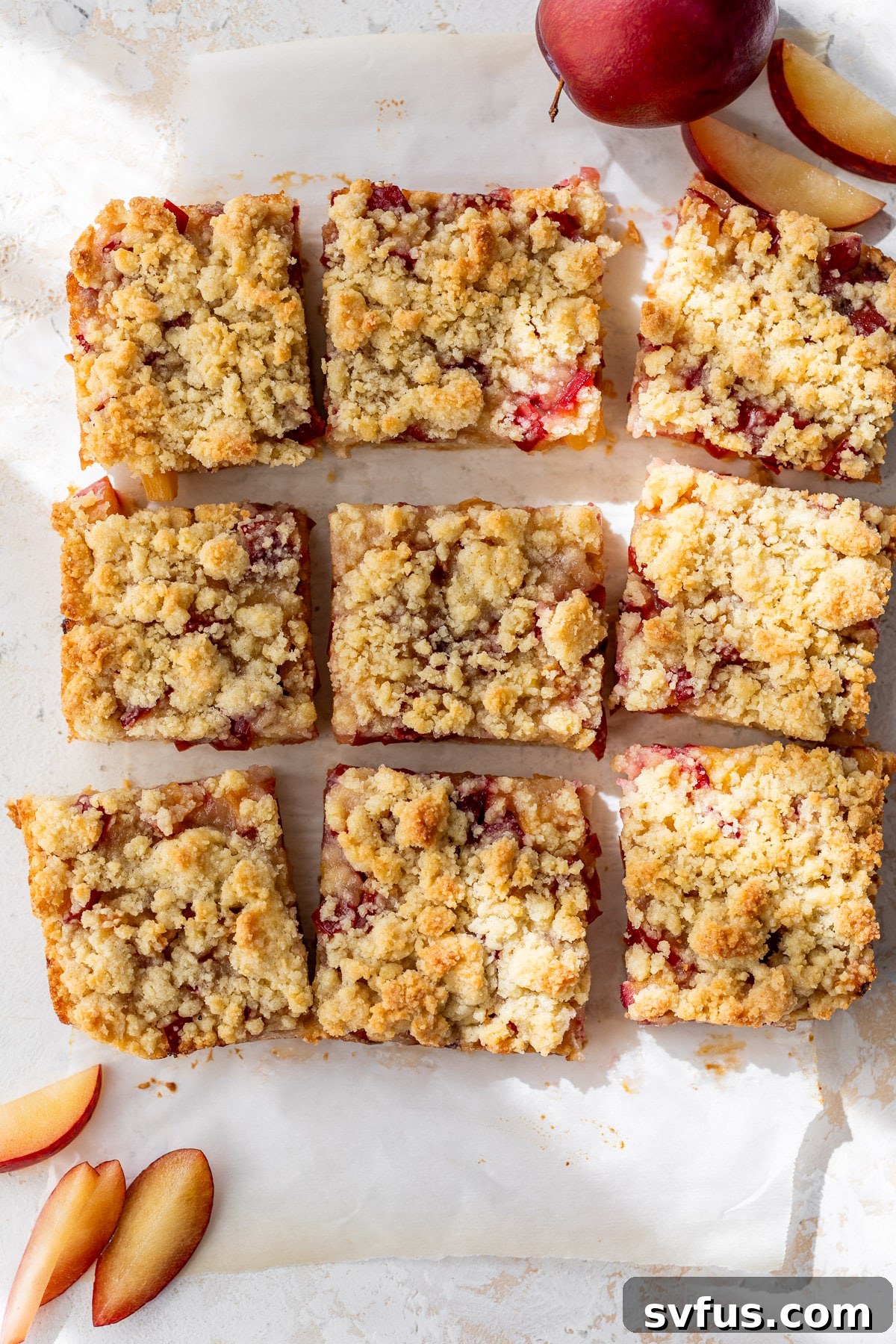 An overhead shot of neatly sliced plum crumb bars, ready to be served, highlighting their beautiful layers and textures.
