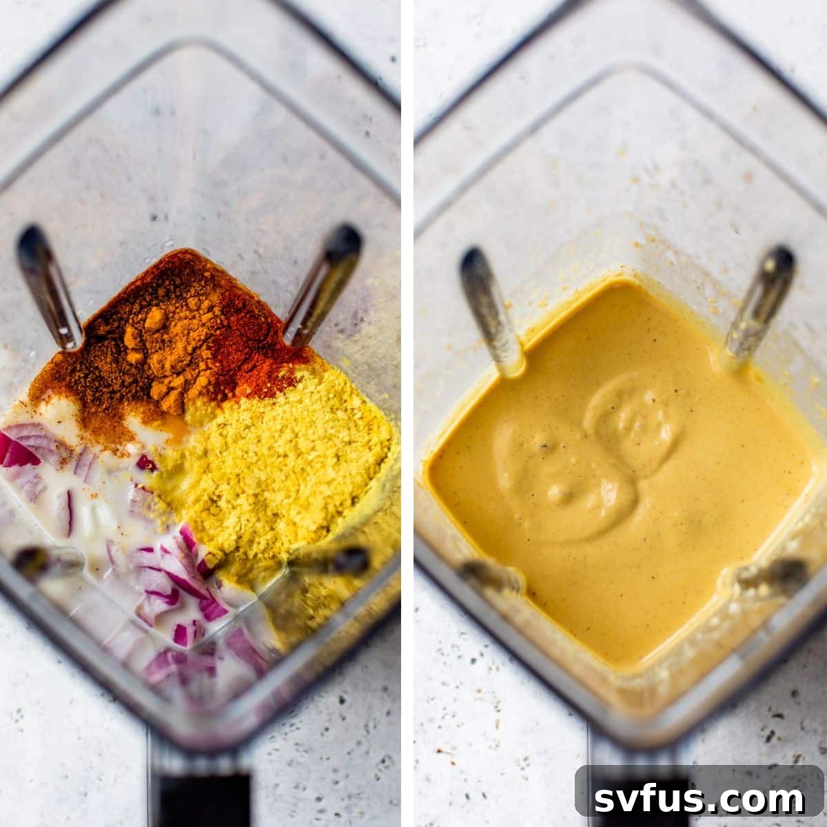 2 images: the left image is of vegan queso ingredients added into a blender and the right image is all of those ingredients blended together