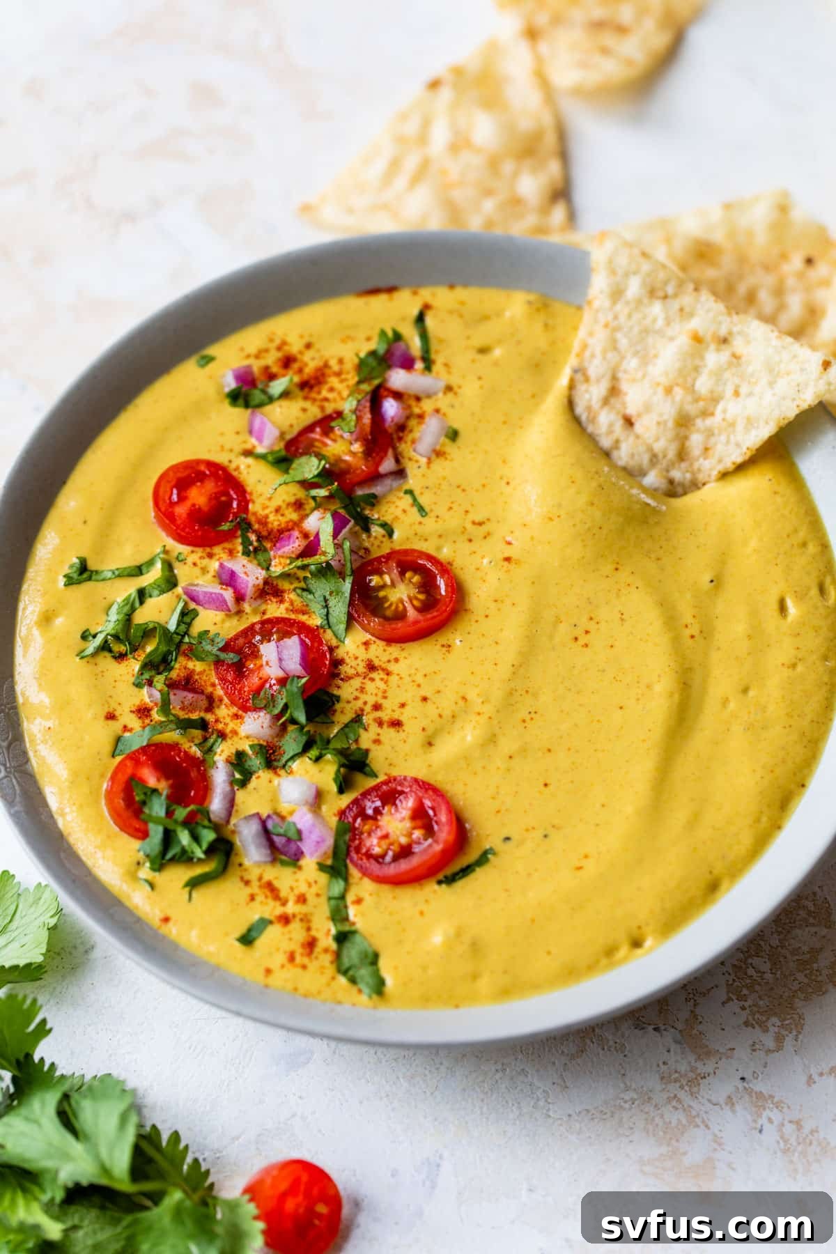 a side angle shot of vegan queso inside a bowl with a tortilla chip