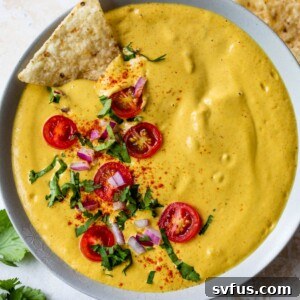 vegan queso inside a bowl with a tortilla chip