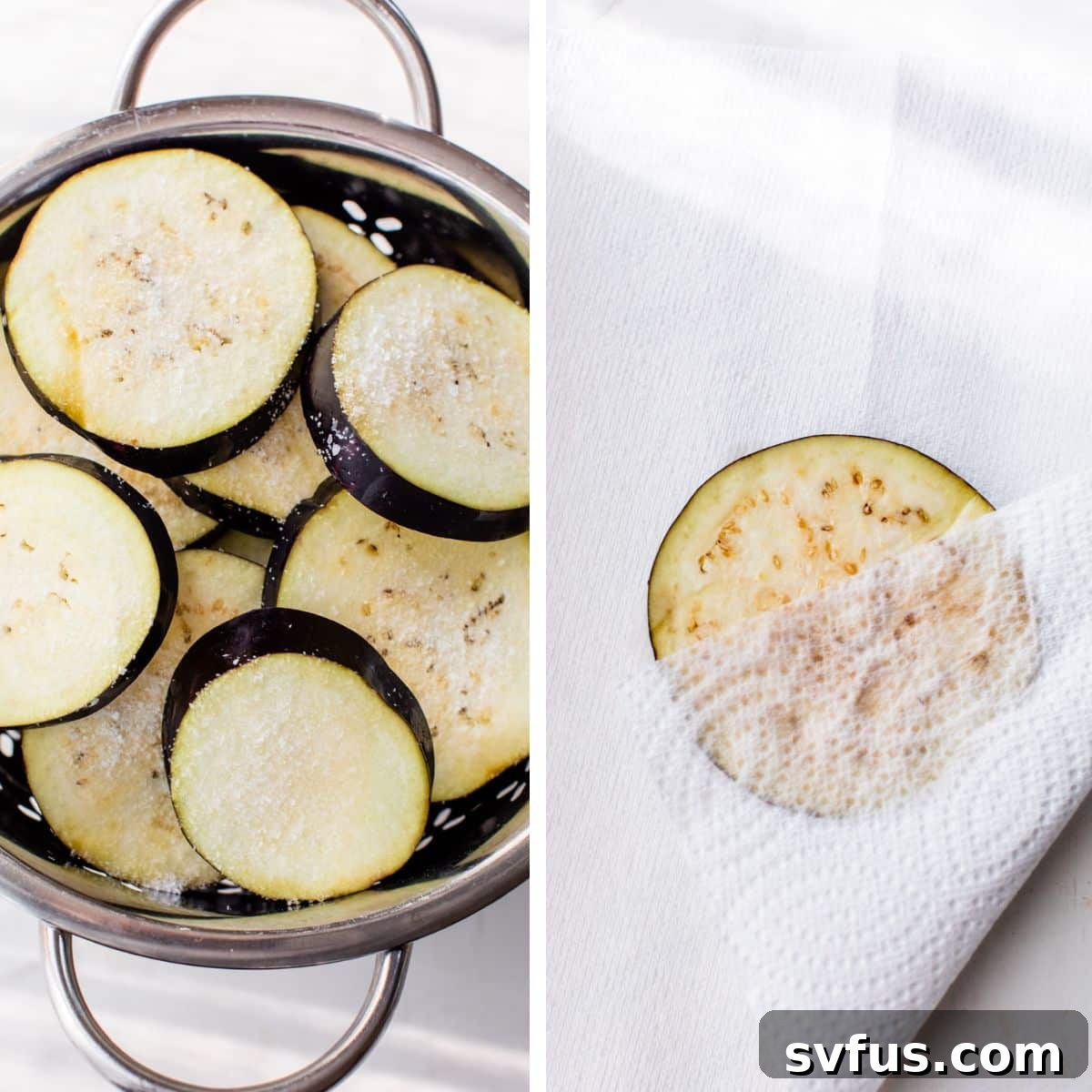 2 images: the left image shows eggplant rounds salted and placed in a strainer and the right image shows an eggplant round being dabbed dry with a paper towel