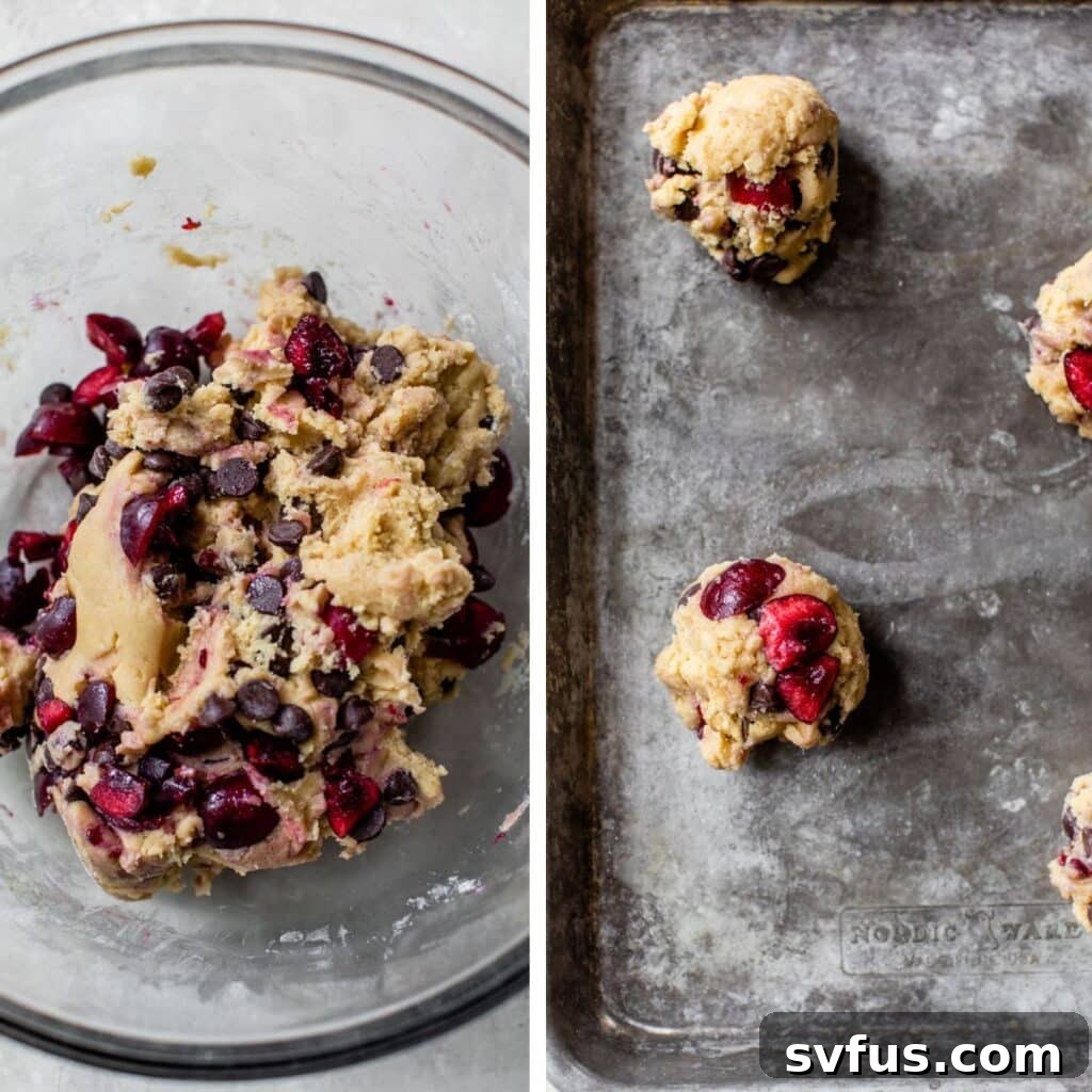 2 images: cherry chocolate chip cookie dough in a large glass mixing bowl on the left and balls of cookie dough on a baking sheet on the right