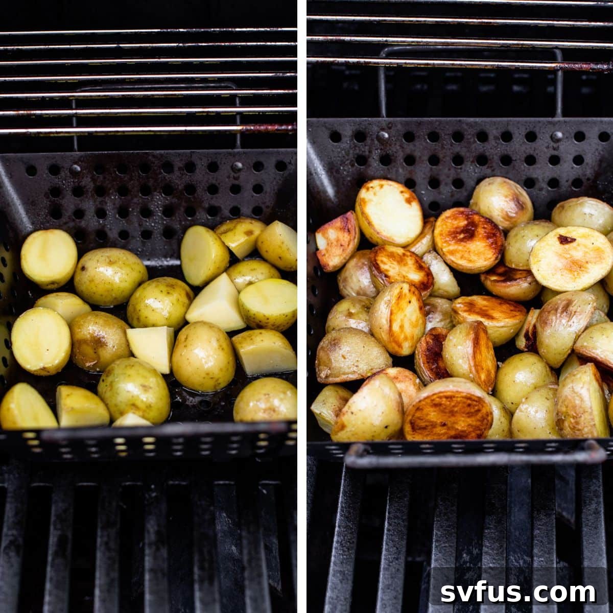 Two images: The left shows potatoes in a grill basket, the right shows browned, grilled potatoes in the basket