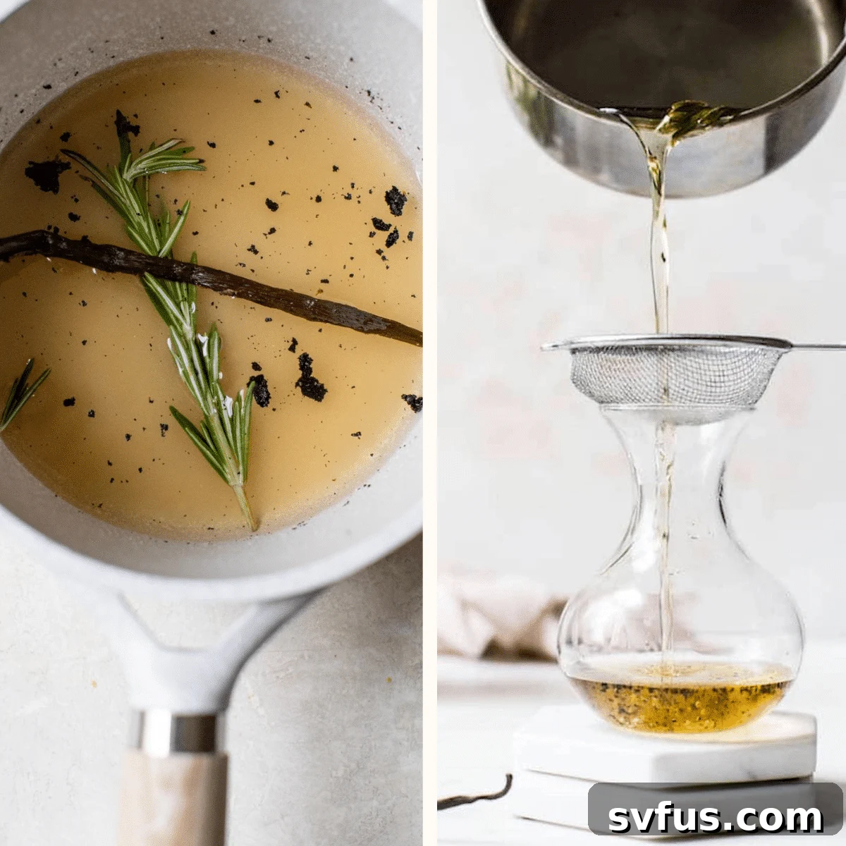 A glass jar filled with golden, aromatic simple syrup, infused with rosemary and vanilla, ready to be used in iced lattes.