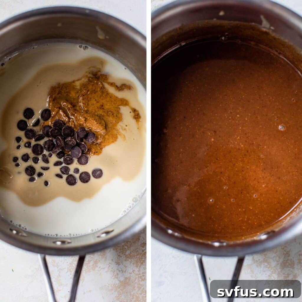 2 images: milk, nut butter and chocolate chips in a saucepan on the left and melted together on the right