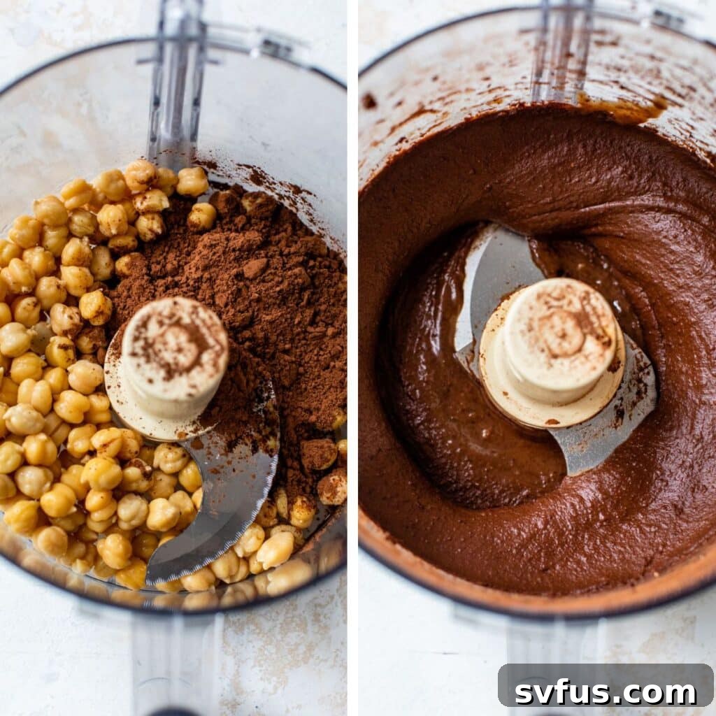 2 images: chickpeas and cocoa powder in a food processor on the left and blended together on the right