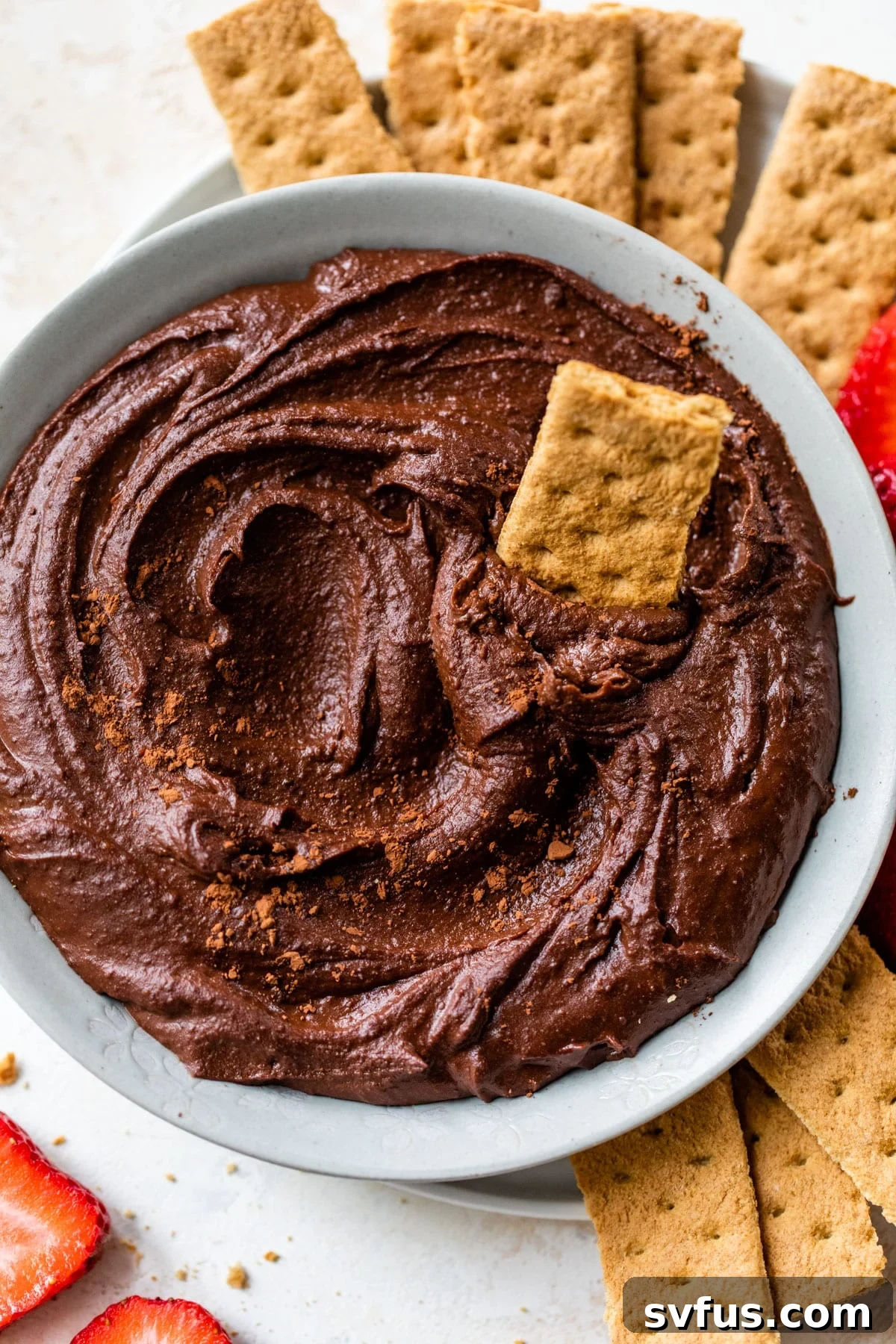 a bowl of chocolate hummus with a graham cracker dipped in it