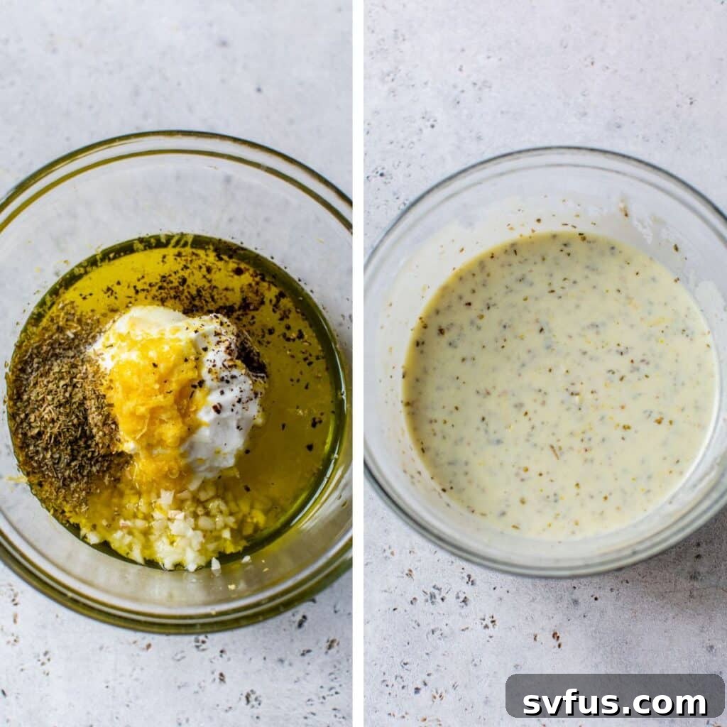 Two side-by-side images: on the left, individual ingredients (olive oil, yogurt, lemon zest, herbs) are shown in a bowl; on the right, the same ingredients are smoothly mixed into a vibrant Greek chicken marinade.