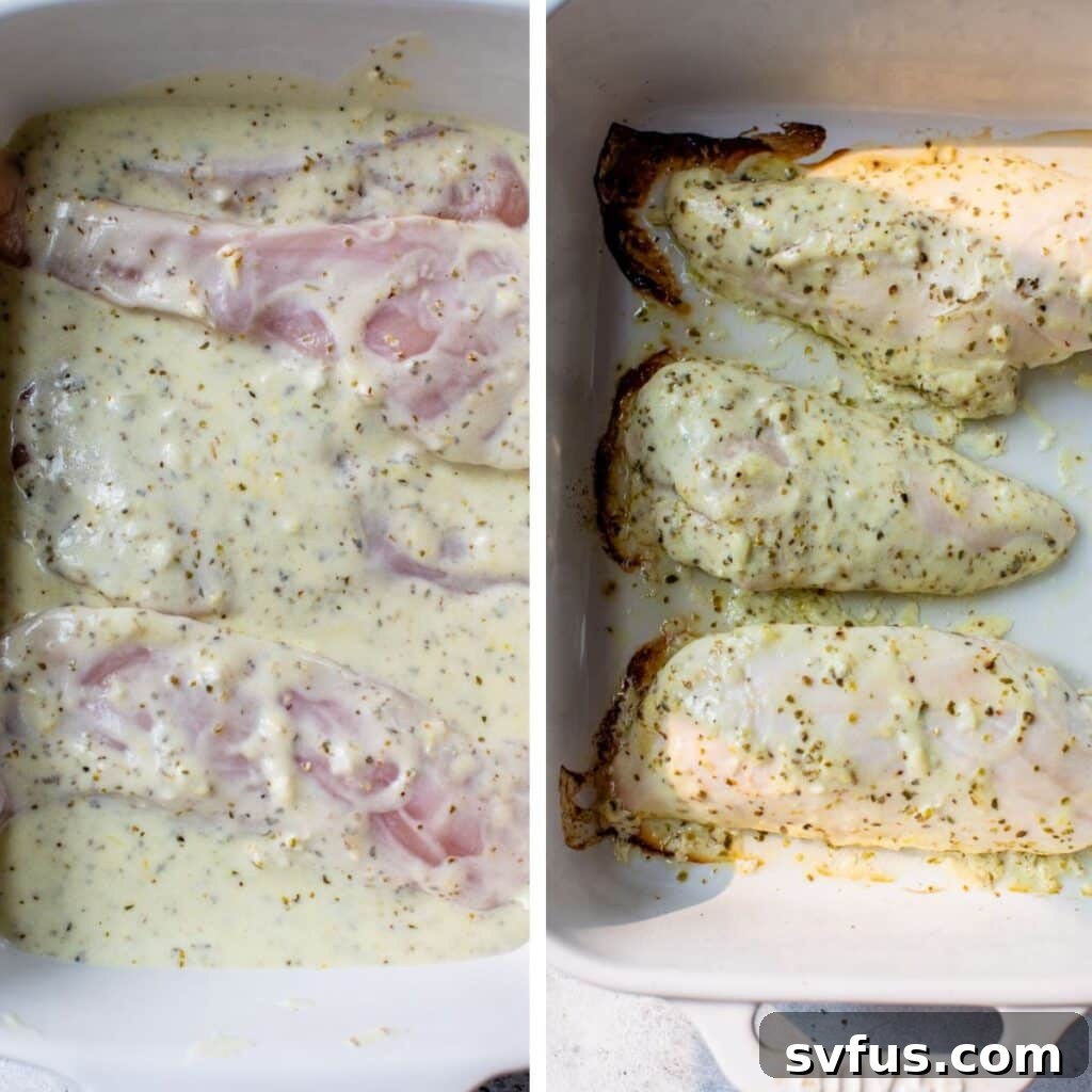 Two images: raw chicken breasts marinating in a creamy sauce in a shallow dish on the left, and golden-brown, baked Greek chicken breasts in a baking dish on the right.