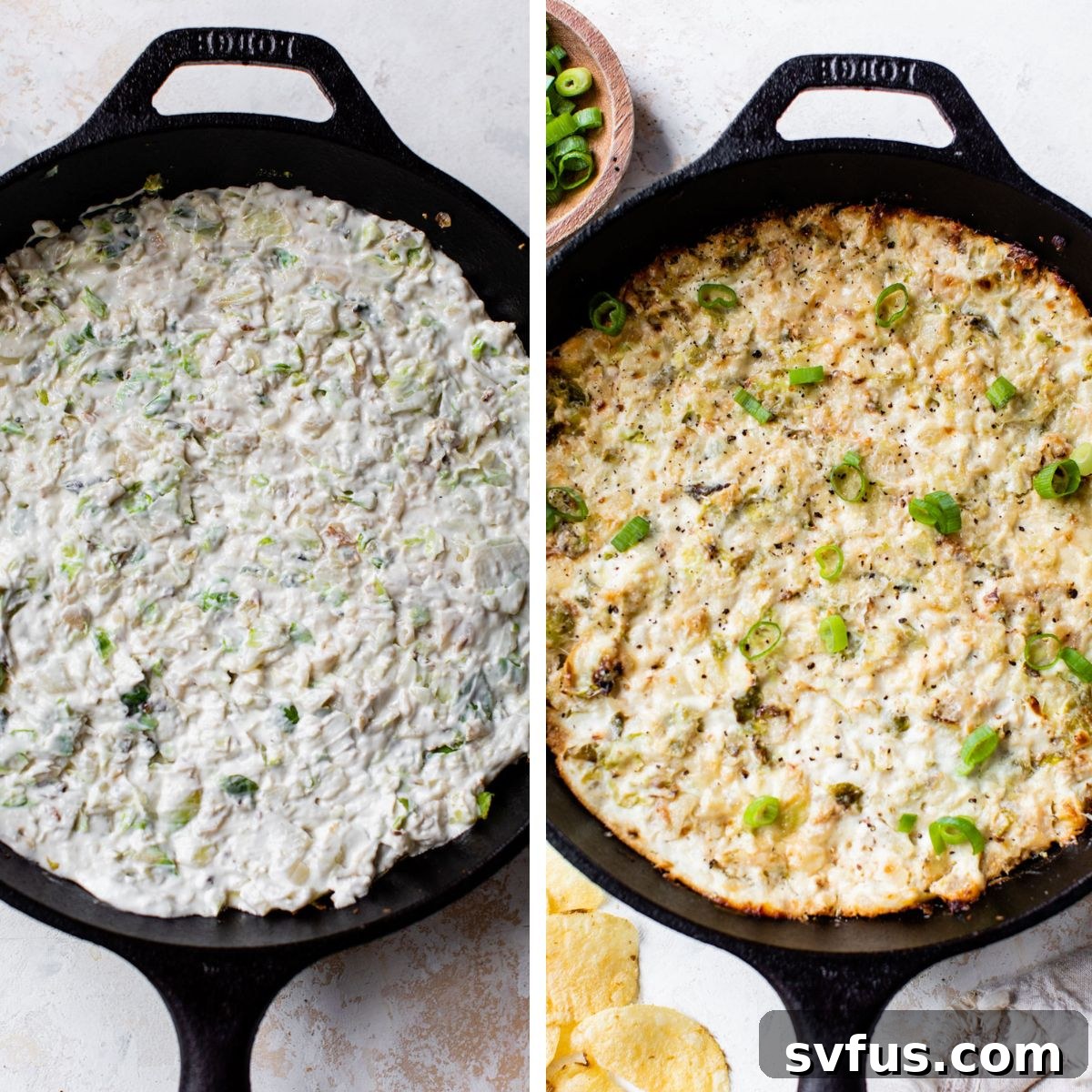Two images: left shows the Brussels sprouts and creamy mixture transferred to a cast iron skillet; right shows the same dip baked to bubbly perfection in the skillet