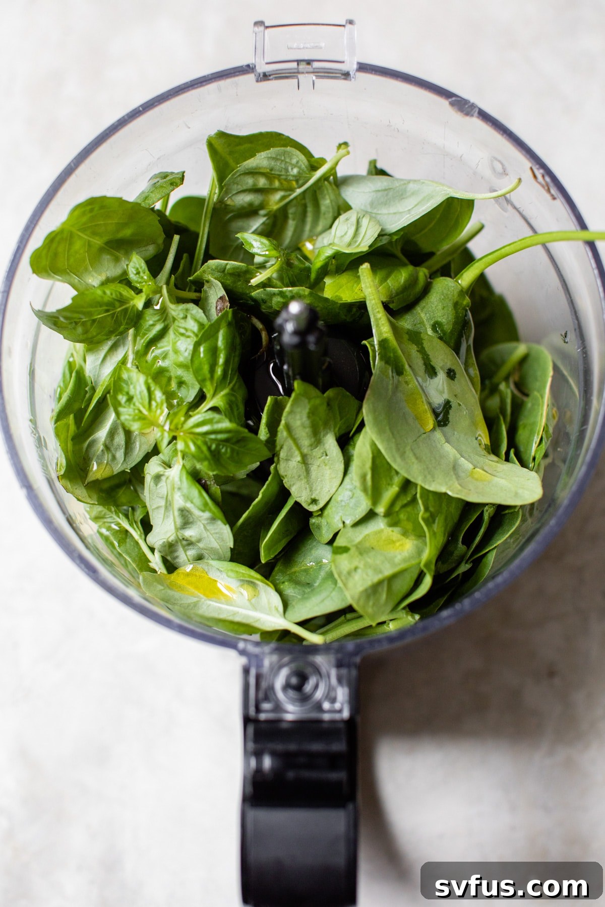 Fresh spinach and basil leaves in a food processor, ready for blending