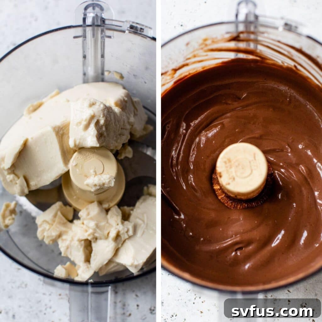 A two-panel image illustrating the mousse preparation: On the left, a block of silken tofu rests in a food processor. On the right, the processor bowl contains a perfectly smooth, blended chocolate mixture, demonstrating the ideal consistency before chilling.