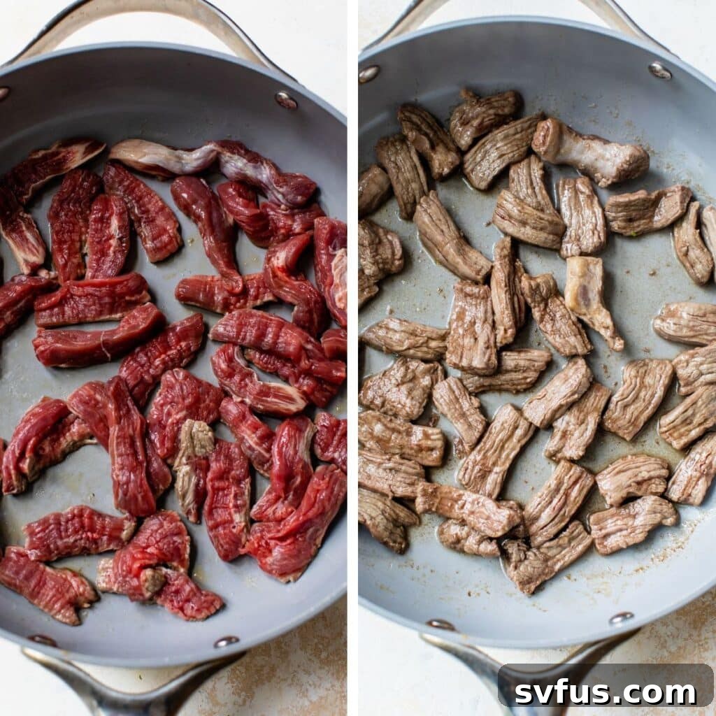 Two side-by-side images showing the cooking process of flank steak: raw thinly sliced flank steak in a hot skillet on the left, and perfectly seared and cooked flank steak in the same skillet on the right.