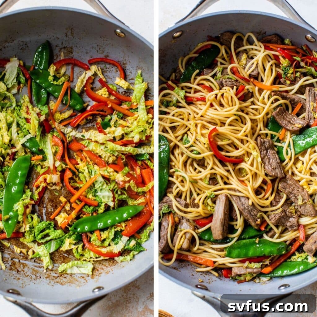 Two images depicting vegetable preparation for Lo Mein: a vibrant mix of cabbage, snow peas, red bell pepper, and carrots sautéing in a skillet on the left, and on the right, cooked spaghetti noodles have been added to the vegetables, ready for tossing.
