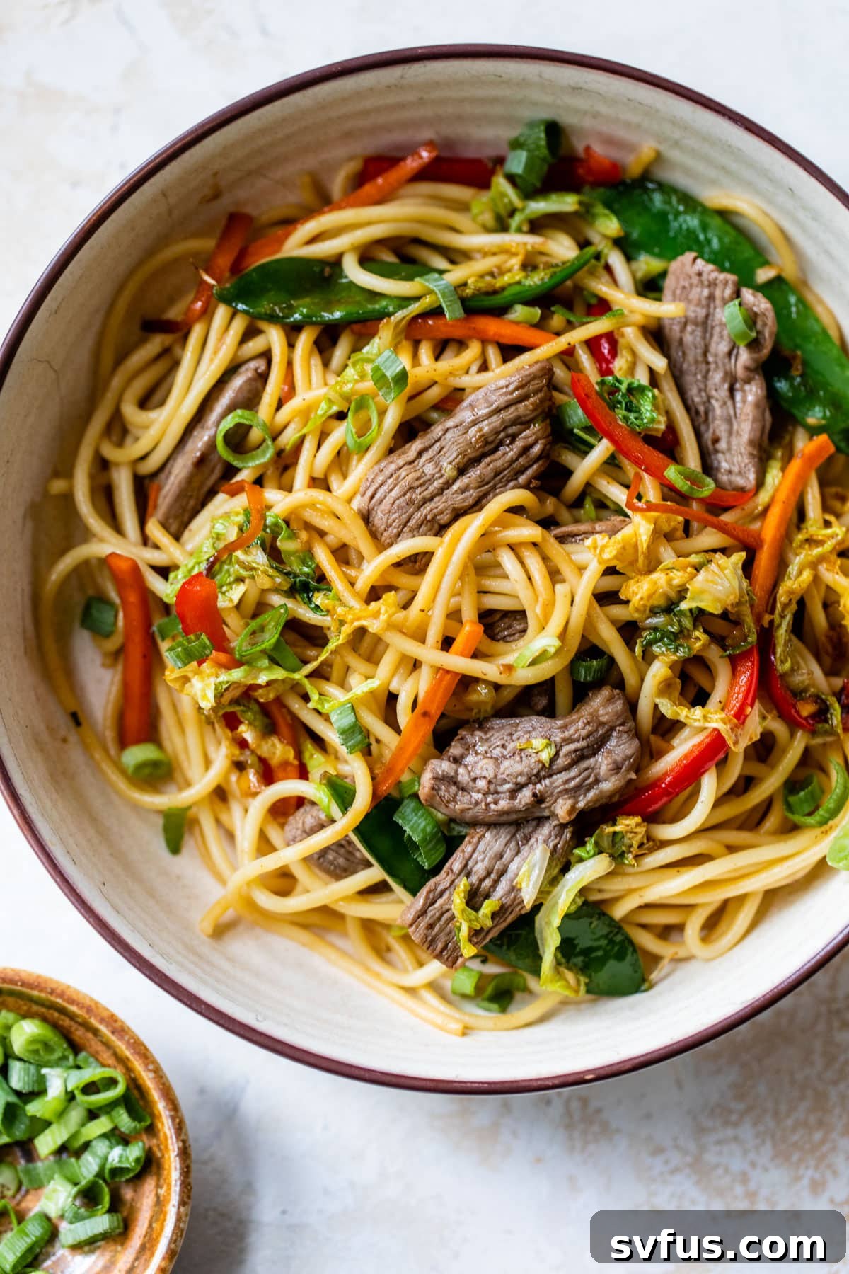 A close-up of a beautifully presented bowl of Beef Lo Mein, showcasing the rich sauce coating the noodles, tender beef, and colorful vegetables, garnished with fresh green onions.