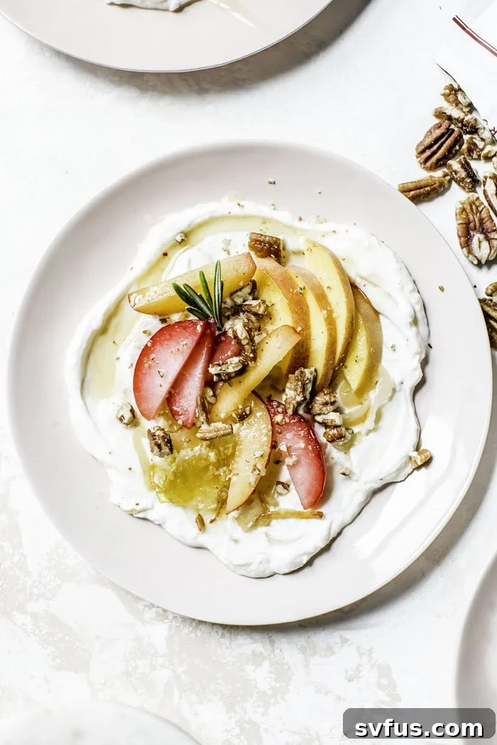 Yogurt Stone Fruit Salad made with caramelized onions, stone fruit and butter roasted pecans